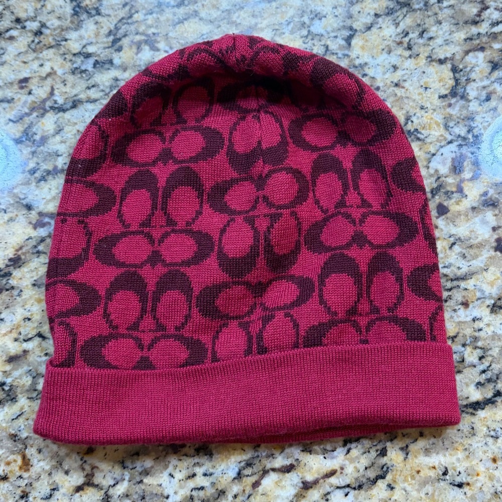 Coach Signature Monogram Beanie Hat Red Burgundy Merino Wool Blend O/S